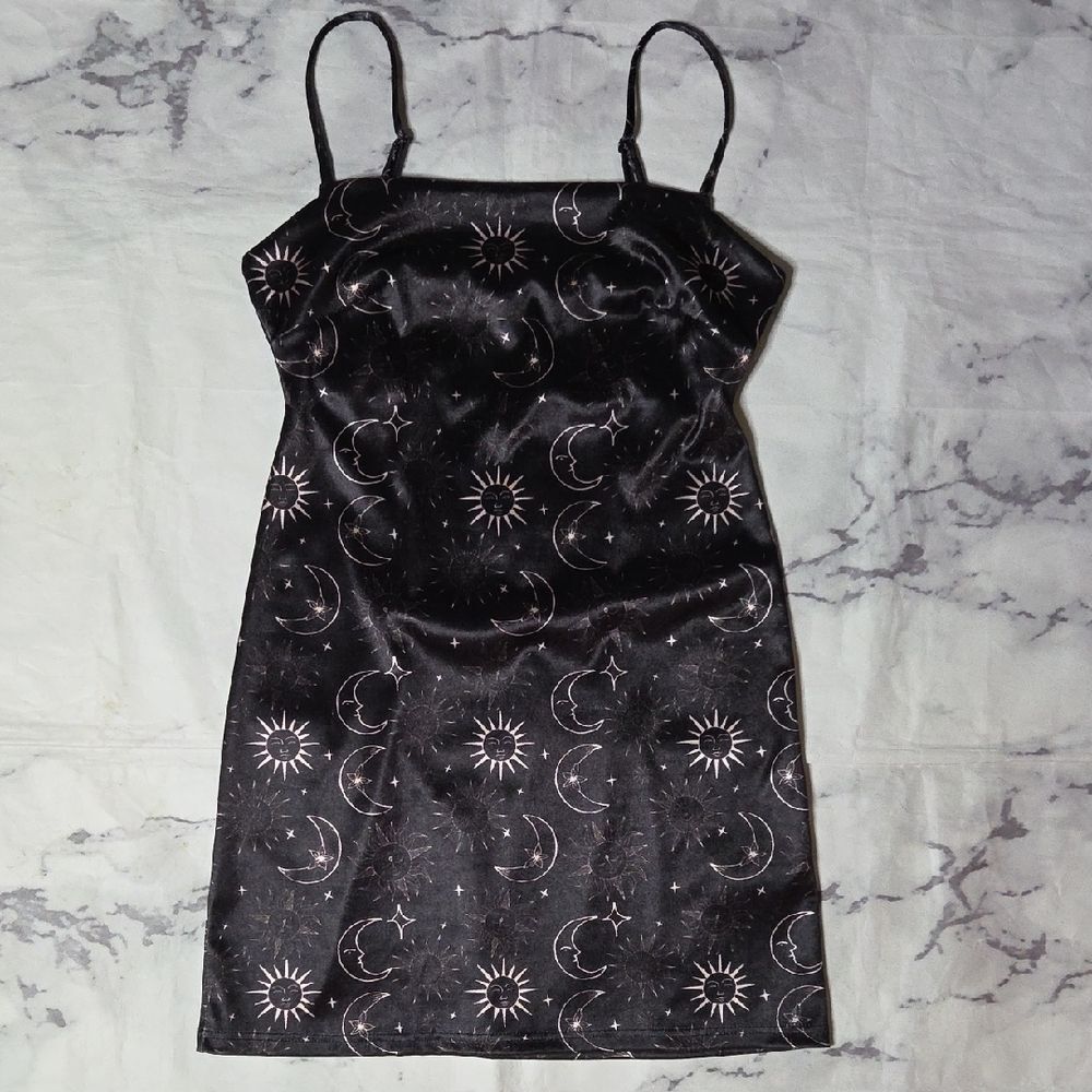 Urban Outfitters Black Satin Celestial Moon & Sun Mini Dress